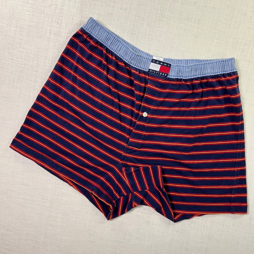 VTG Tommy Hilfiger Cotton Sleep Lounge Shorts Mens L Boxers Navy Red Stripes Y2K
